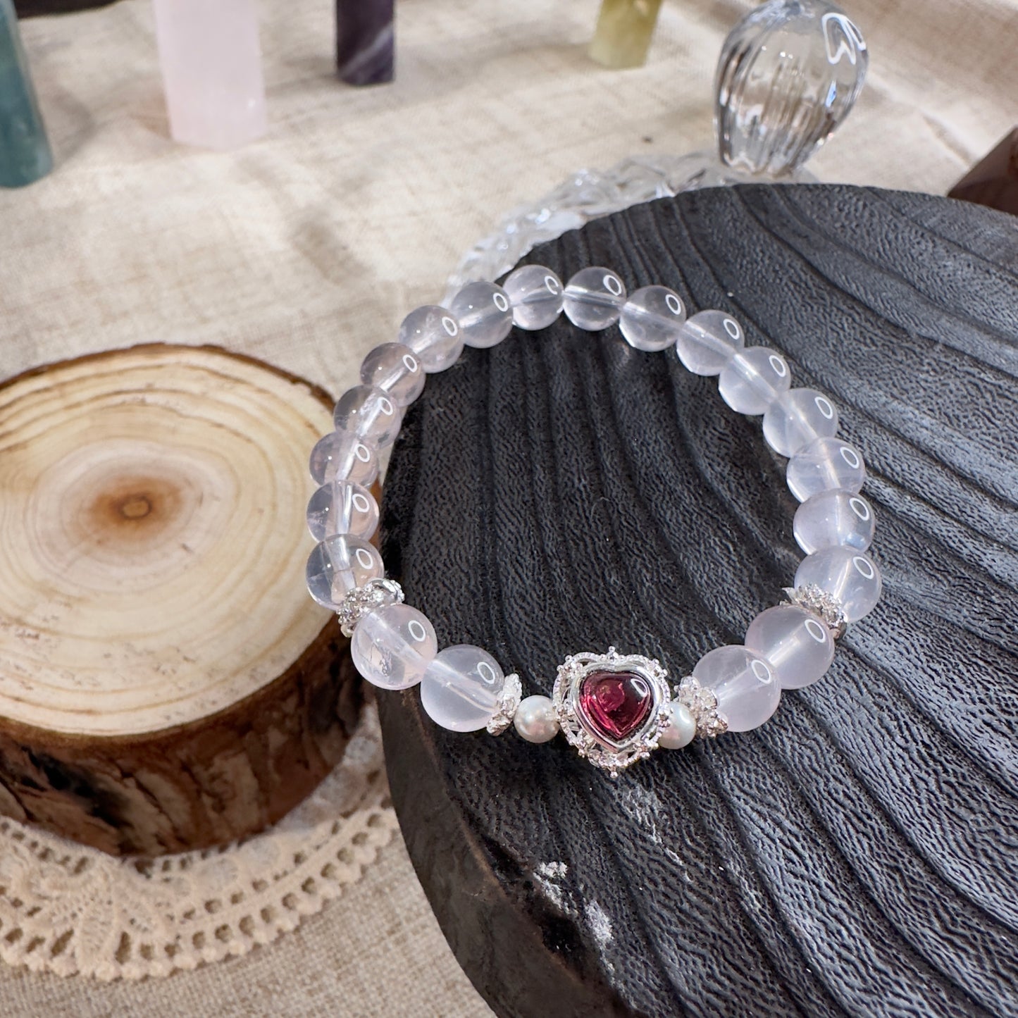 Pink Serenade - Rose Quartz & Garnet Heart Bracelet