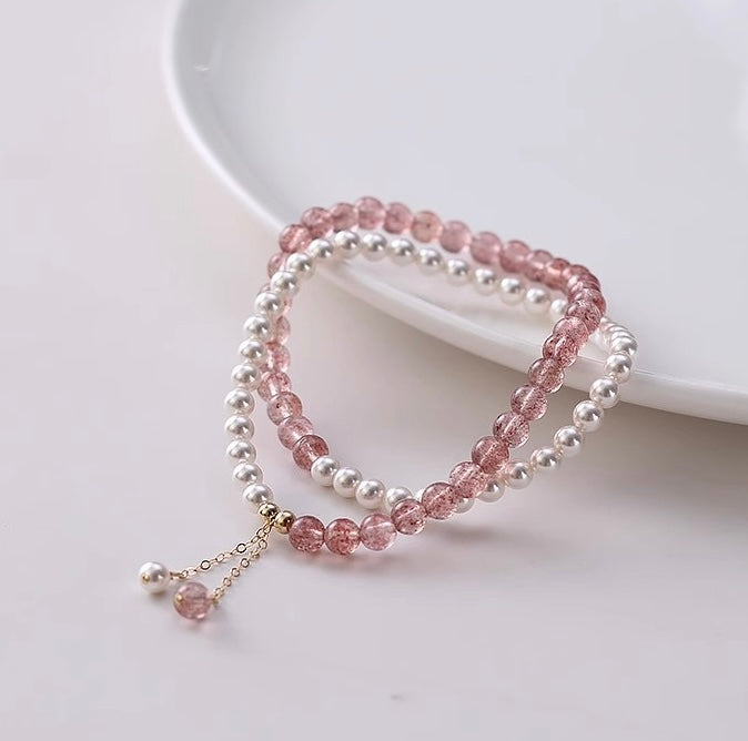 Strawberry Moon - Dual Loop Quartz & Pearl Bracelet