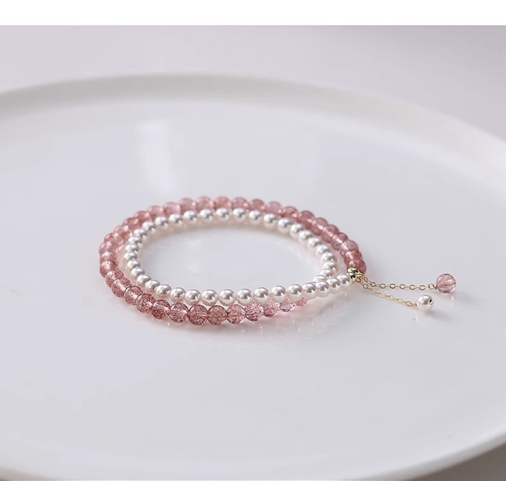 Strawberry Moon - Dual Loop Quartz & Pearl Bracelet